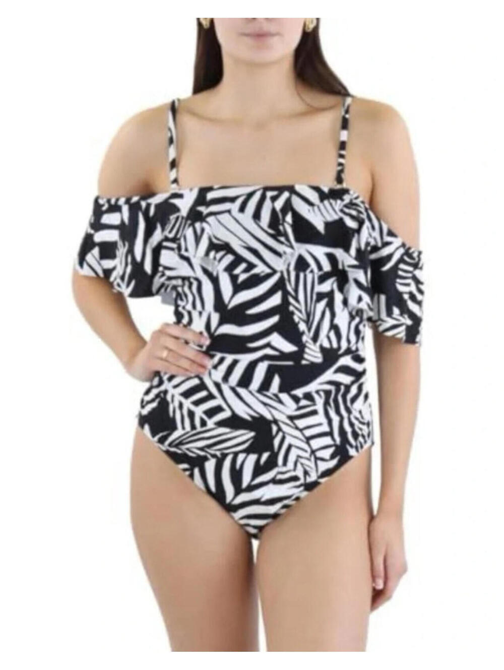 NWT BCBG MAXAZRIA Black White Mio Off The Shoulder One Piece Swimsuit Large